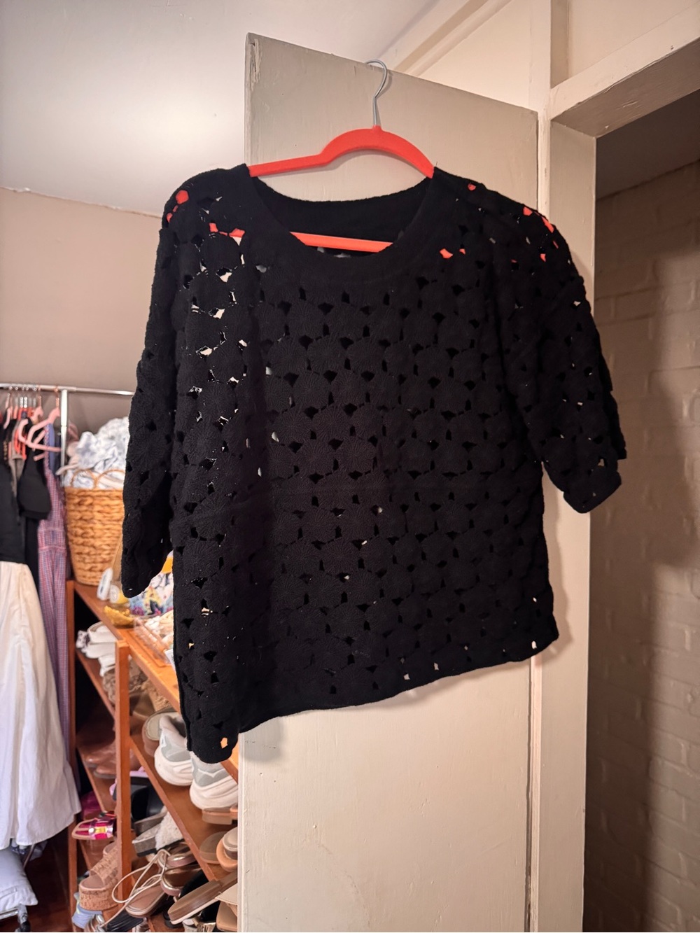 Black Crocheted Short Sleeve Knit Top